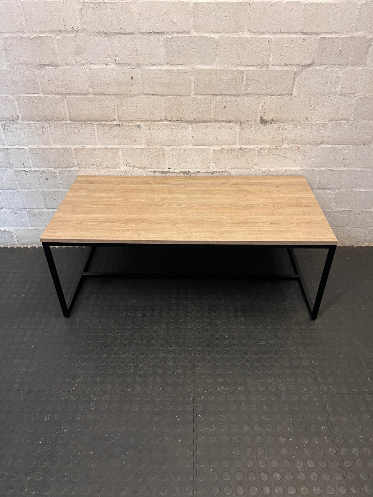 Industrial Oak Finish Coffee Table with Black Metal Frame – main front view