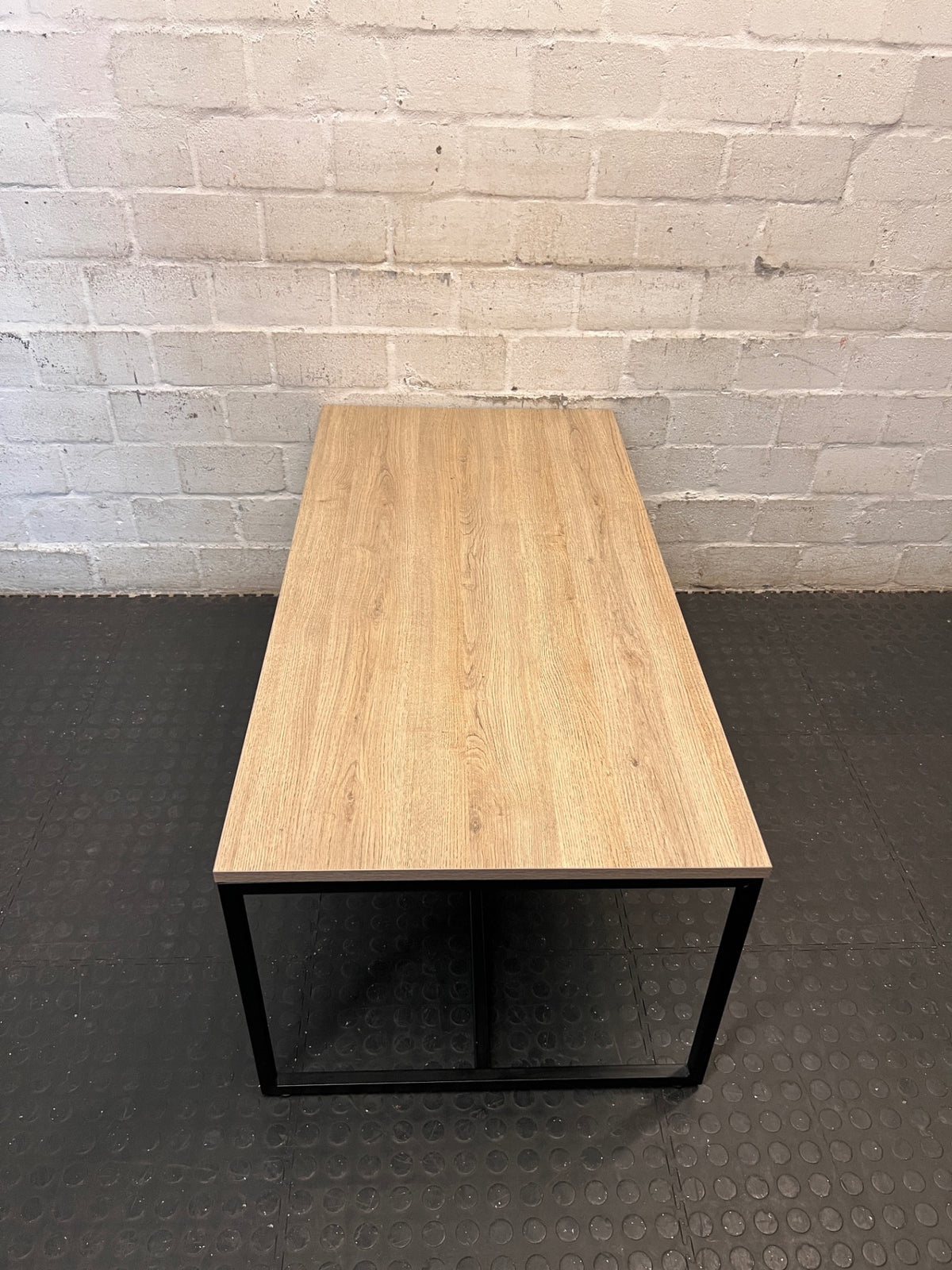 Industrial Oak Finish Coffee Table with Black Metal Frame – side view