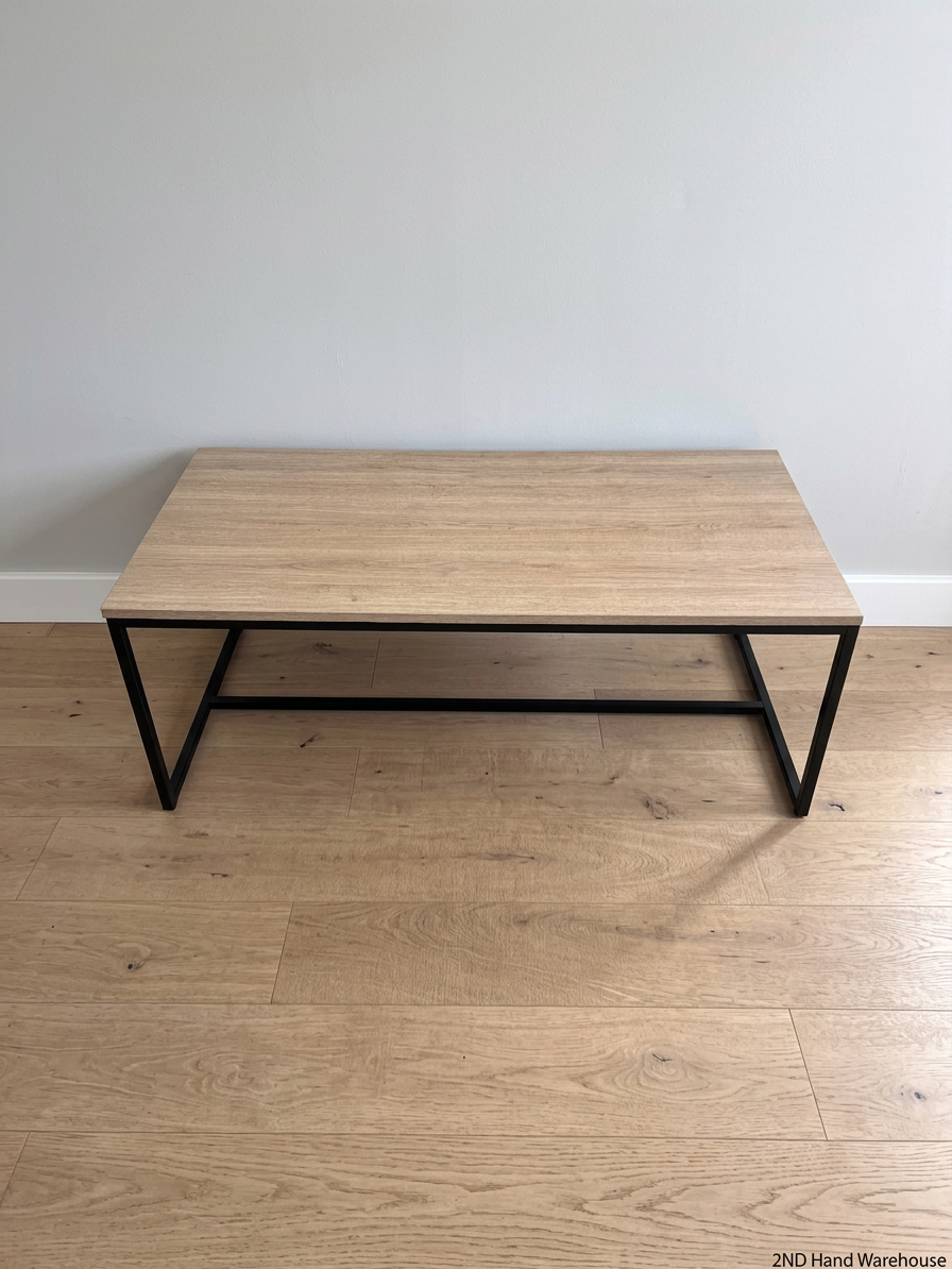 Industrial Oak Finish Coffee Table with Black Metal Frame – styled product image
