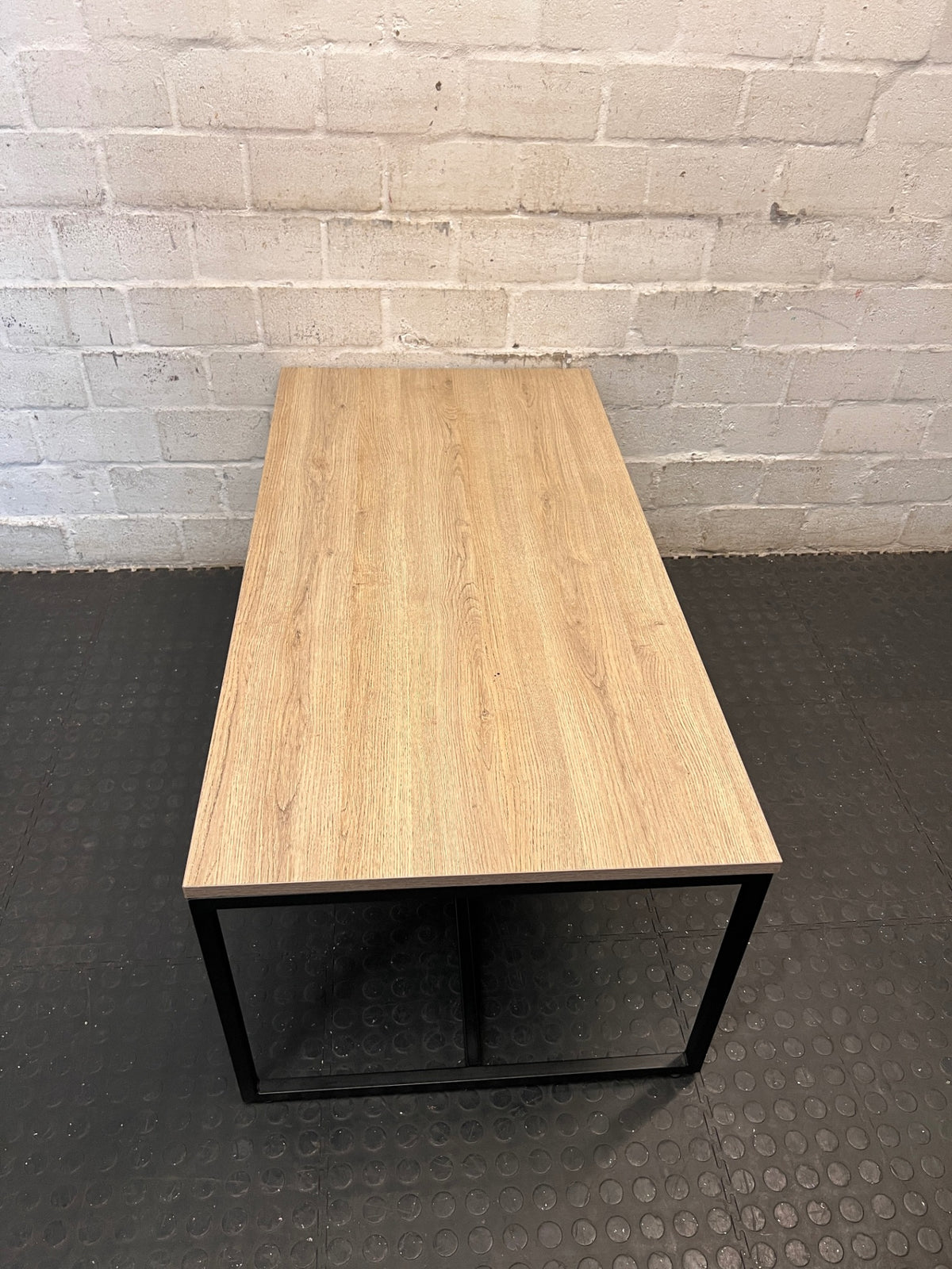 Industrial Oak Finish Coffee Table with Black Metal Frame – top view