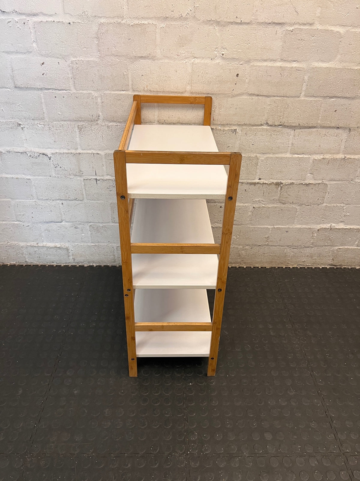 Three-Tier Timber Frame Shelving Unit with White Shelves – back view