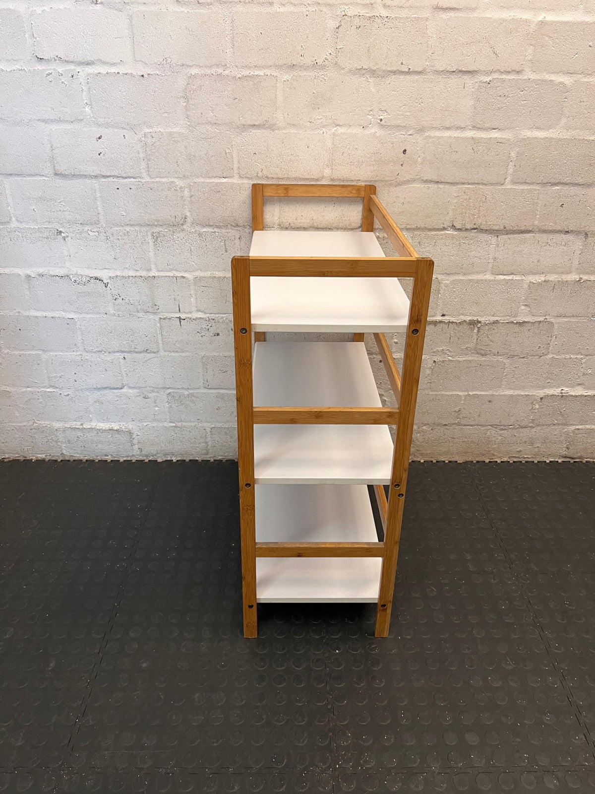 Three-Tier Timber Frame Shelving Unit with White Shelves – side view