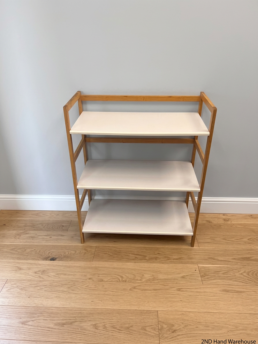 Three-Tier Timber Frame Shelving Unit with White Shelves – styled product image