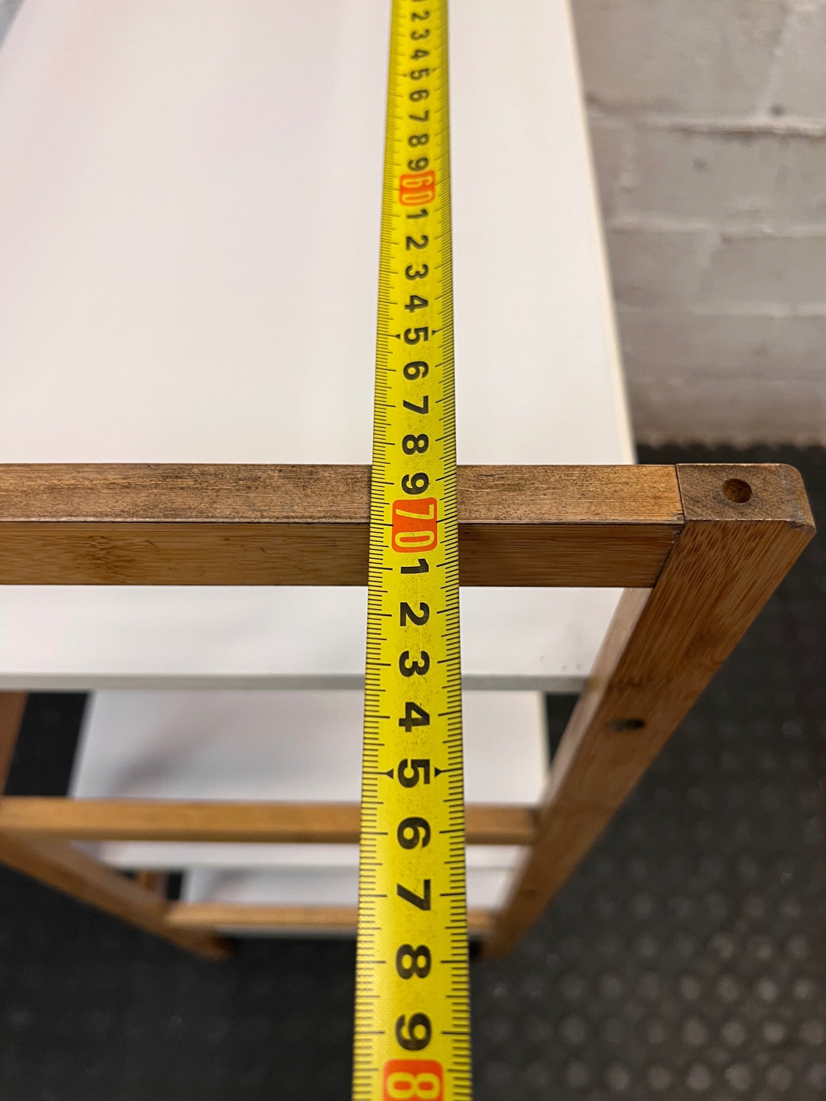 Three-Tier Timber Frame Shelving Unit with White Shelves – width measurement
