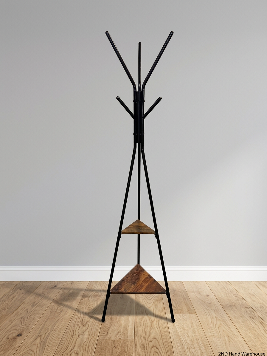 Modern Black Metal Coat Rack with Wooden Shelves – styled product image