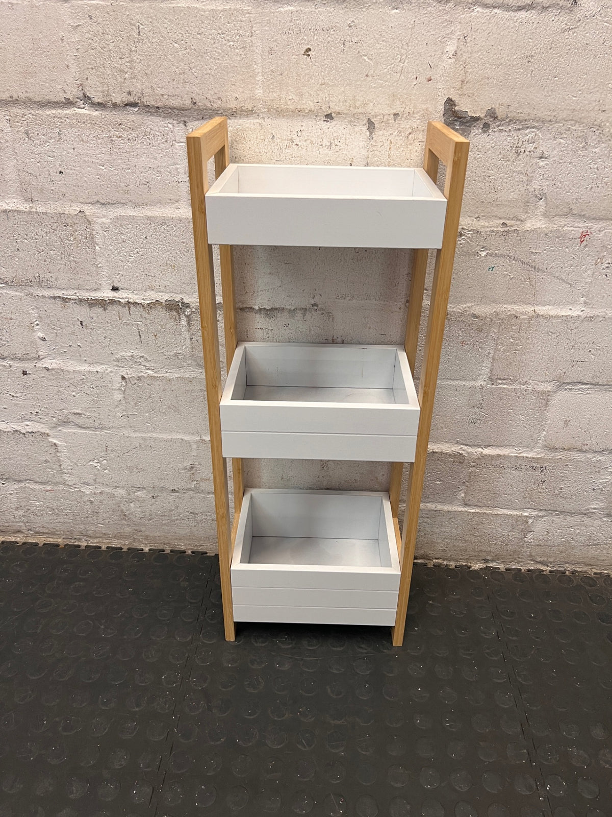 Modern 3-Tier Bamboo and White Wood Storage Shelf – top view