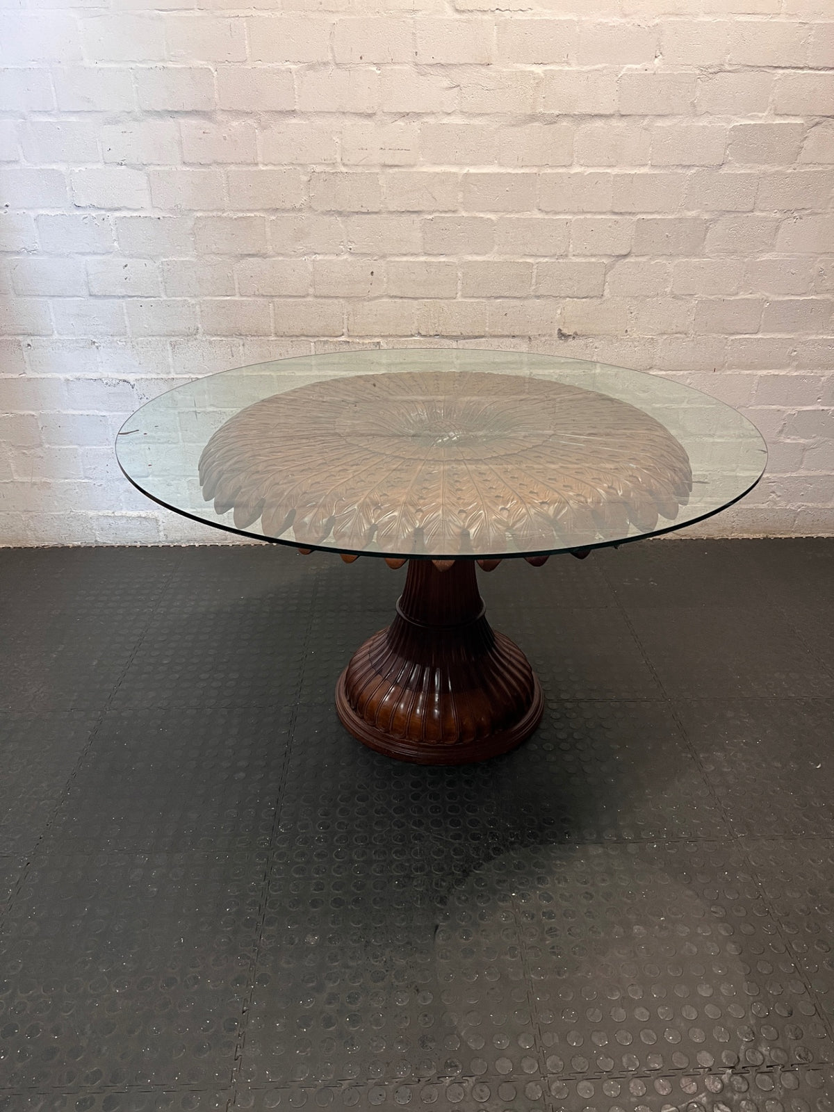 Round Glass Top Dining Table with Carved Leaf Base – back view