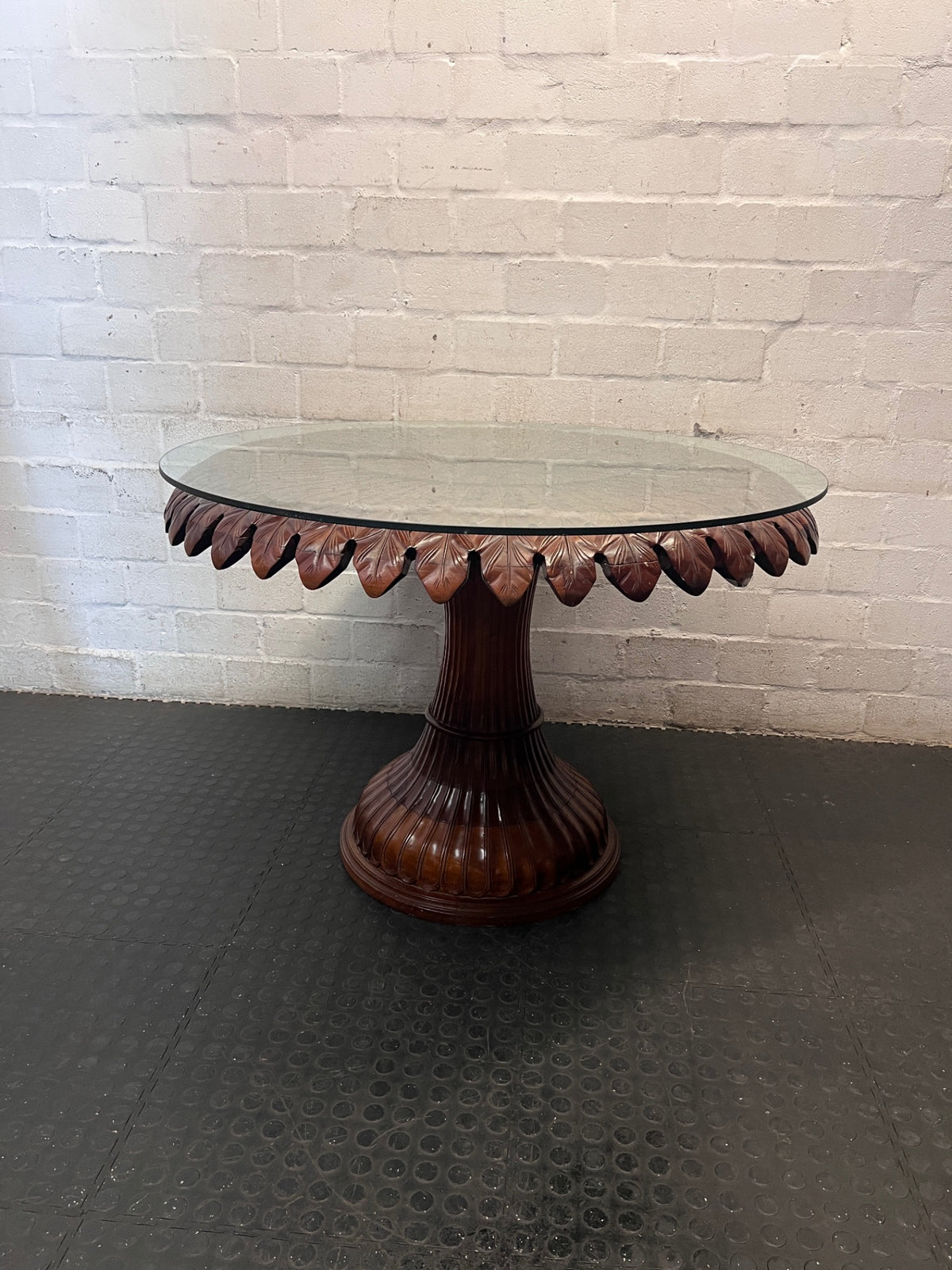 Round Glass Top Dining Table with Carved Leaf Base – side view