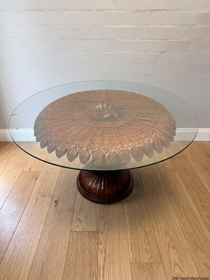 Round Glass Top Dining Table with Carved Leaf Base – styled product image