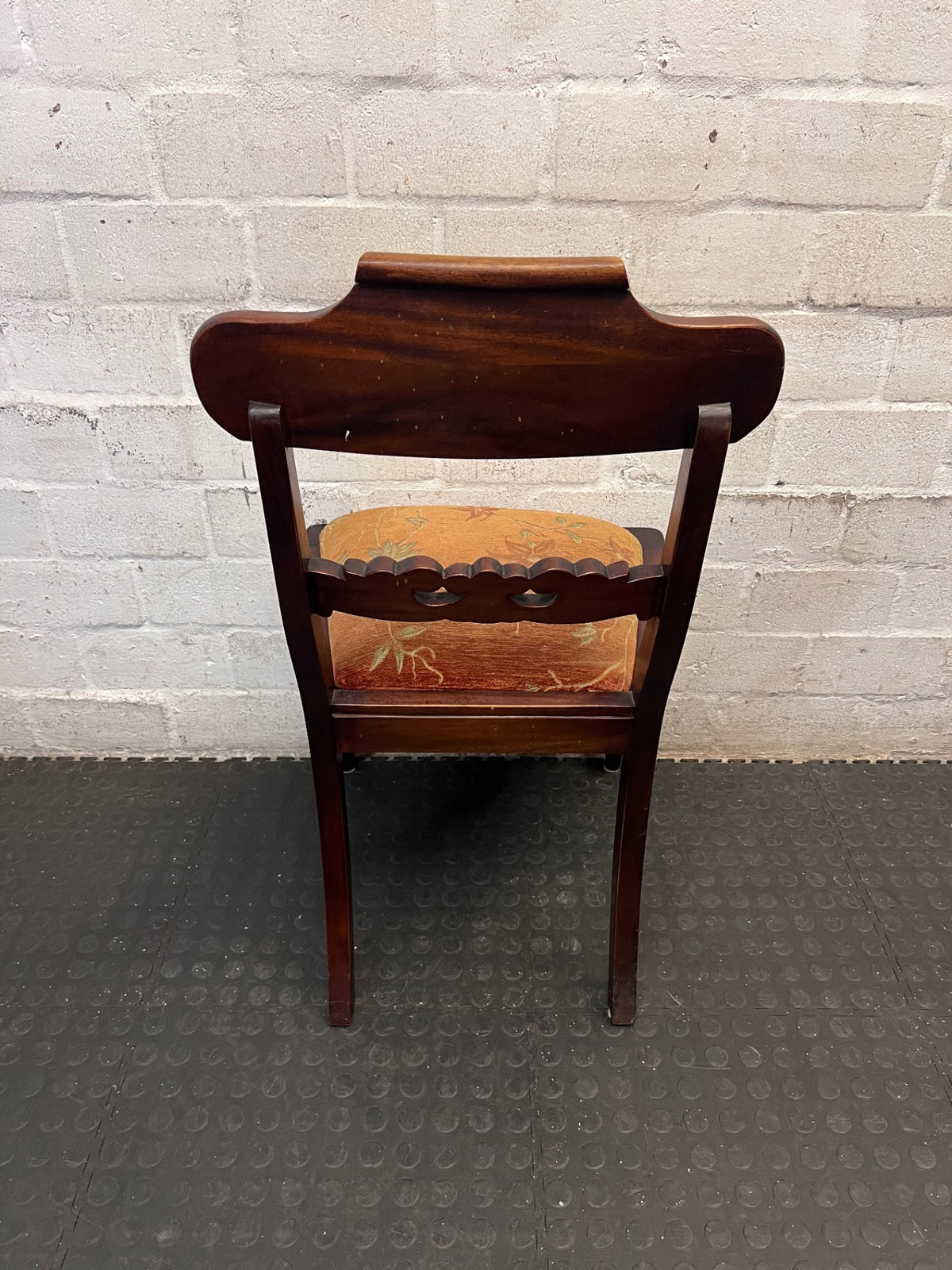 Hand-Carved Dark Wood Dining Chair with Floral Seat – back view