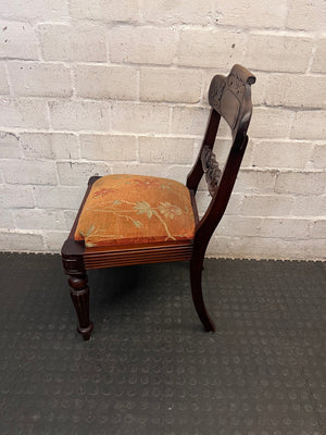 Hand-Carved Dark Wood Dining Chair with Floral Seat – condition detail