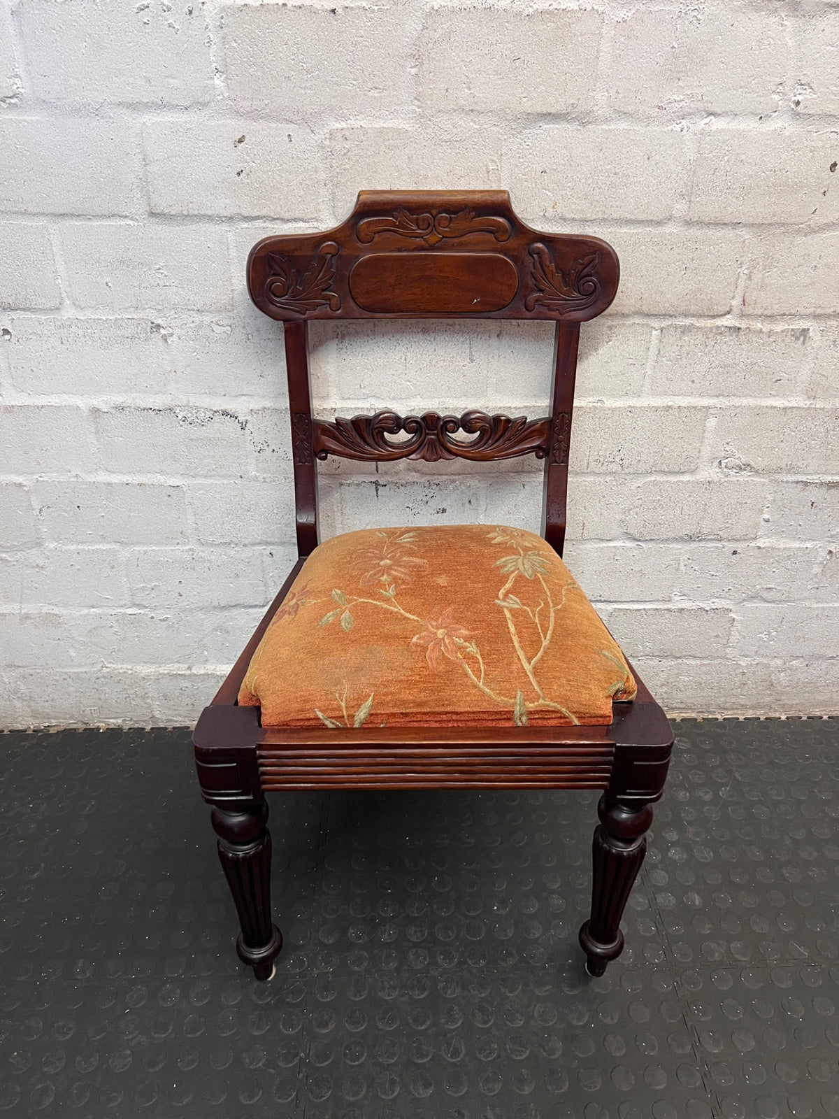 Hand-Carved Dark Wood Dining Chair with Floral Seat – main front view