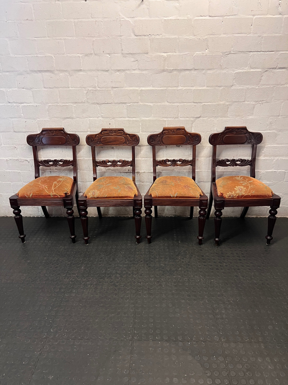 Hand-Carved Dark Wood Dining Chair with Floral Seat – side view