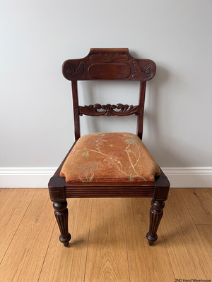 Hand-Carved Dark Wood Dining Chair with Floral Seat – styled product image