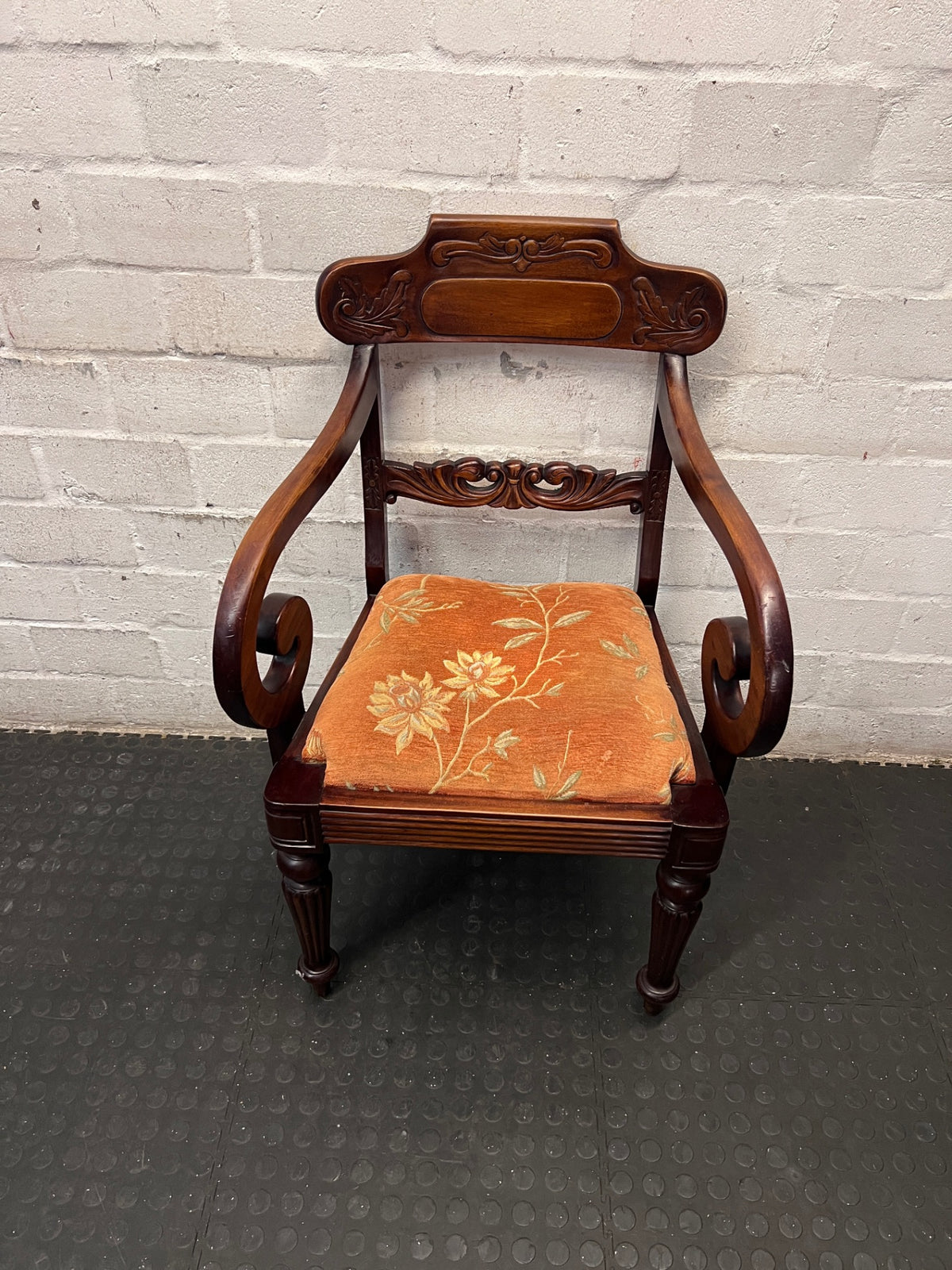 Carved Wooden Armchair with Floral Upholstered Seat – main front view