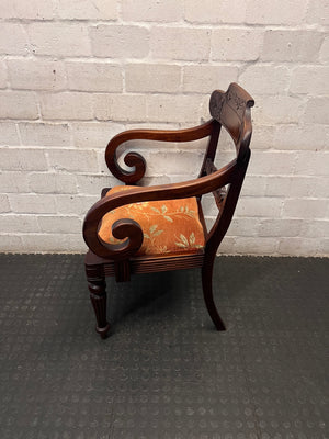 Carved Wooden Armchair with Floral Upholstered Seat – side view