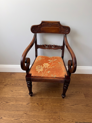 Carved Wooden Armchair with Floral Upholstered Seat – styled product image