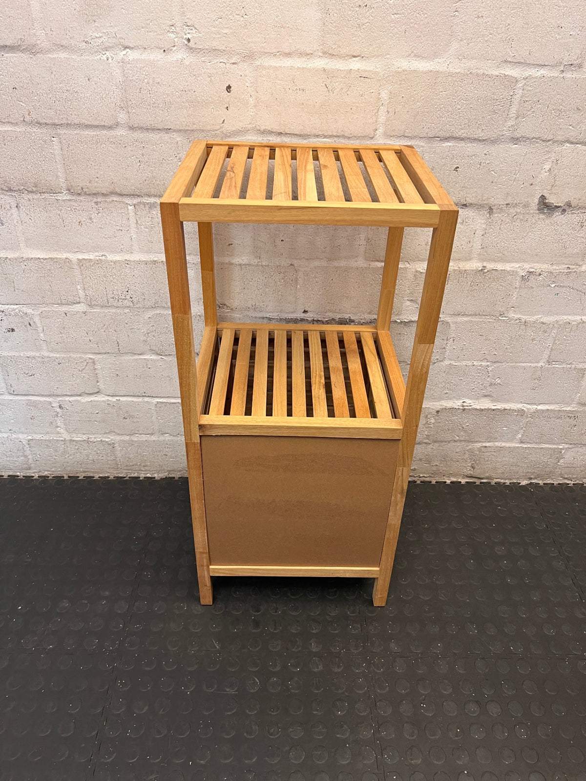 Slatted Bamboo Storage Cabinet with Open Shelving – back view