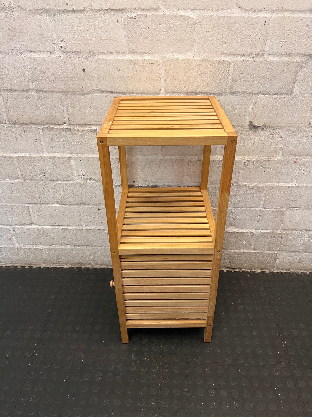 Slatted Bamboo Storage Cabinet with Open Shelving – condition detail