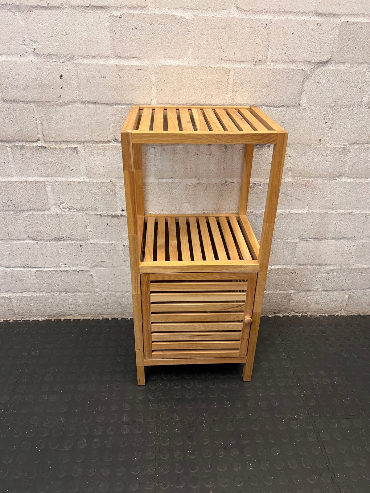 Slatted Bamboo Storage Cabinet with Open Shelving – main front view