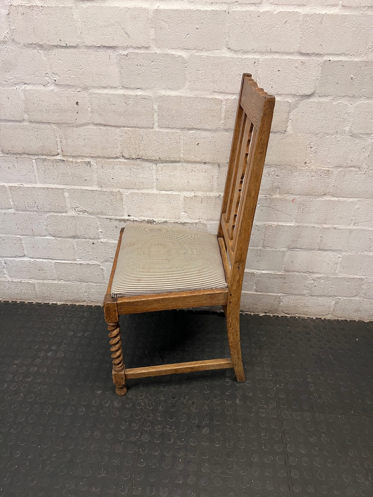 Oak Dining Chair with Barley Twist Legs and Striped Seat – side view