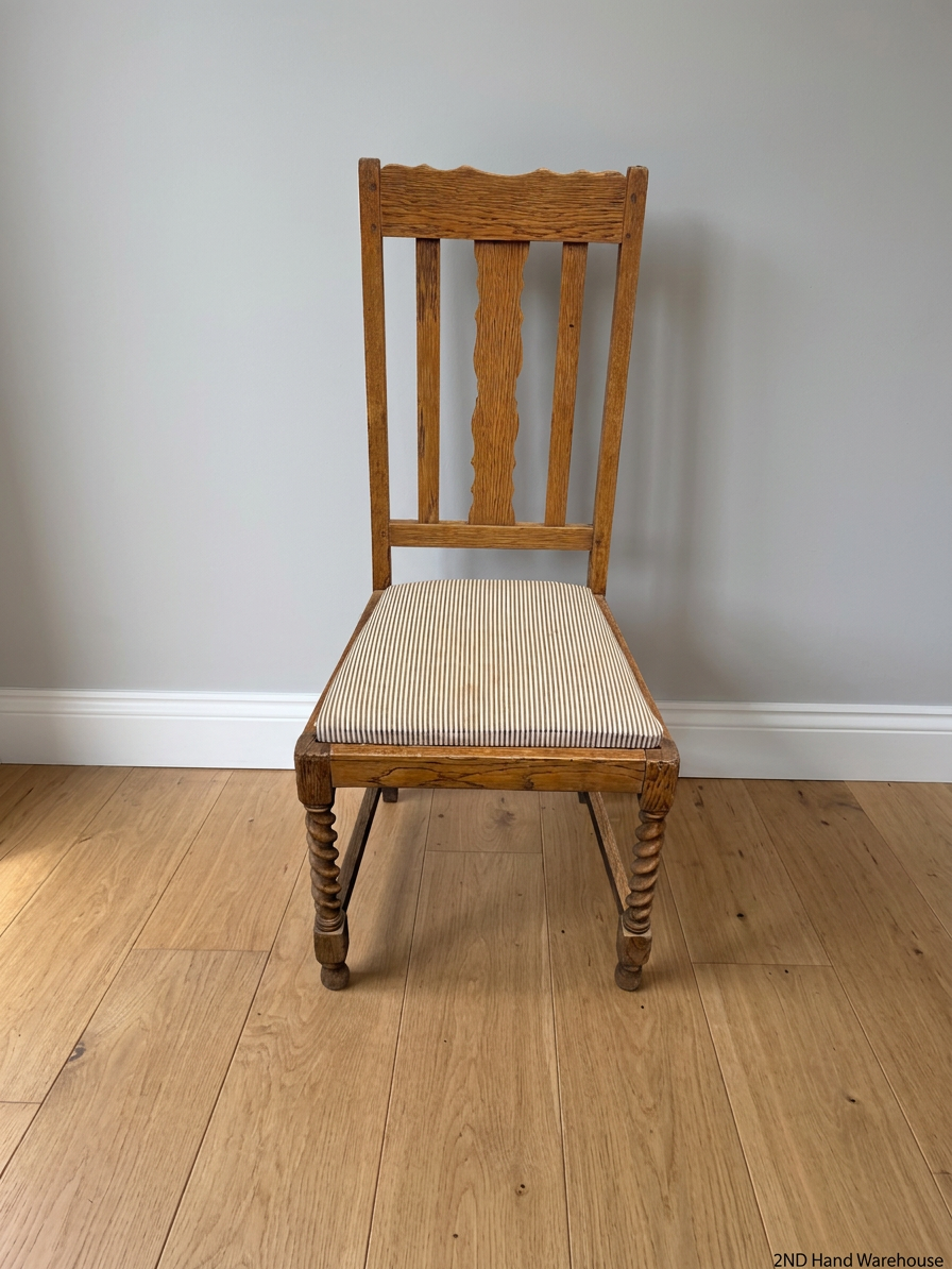 Oak Dining Chair with Barley Twist Legs and Striped Seat – styled product image