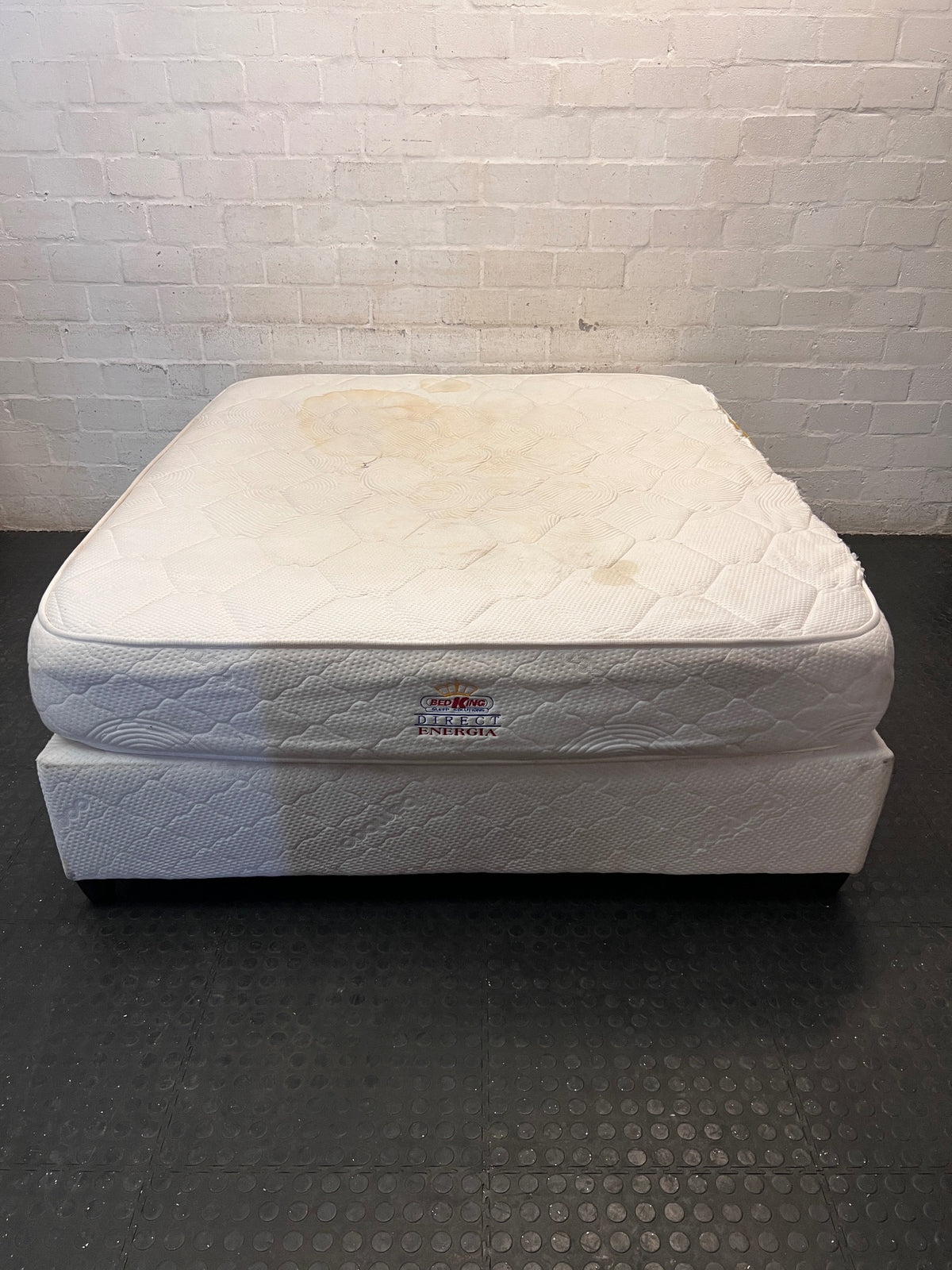 Queen Size Bed King Direct Energia Base Set — Significant Surface Staining and Fabric Damage – main front view
