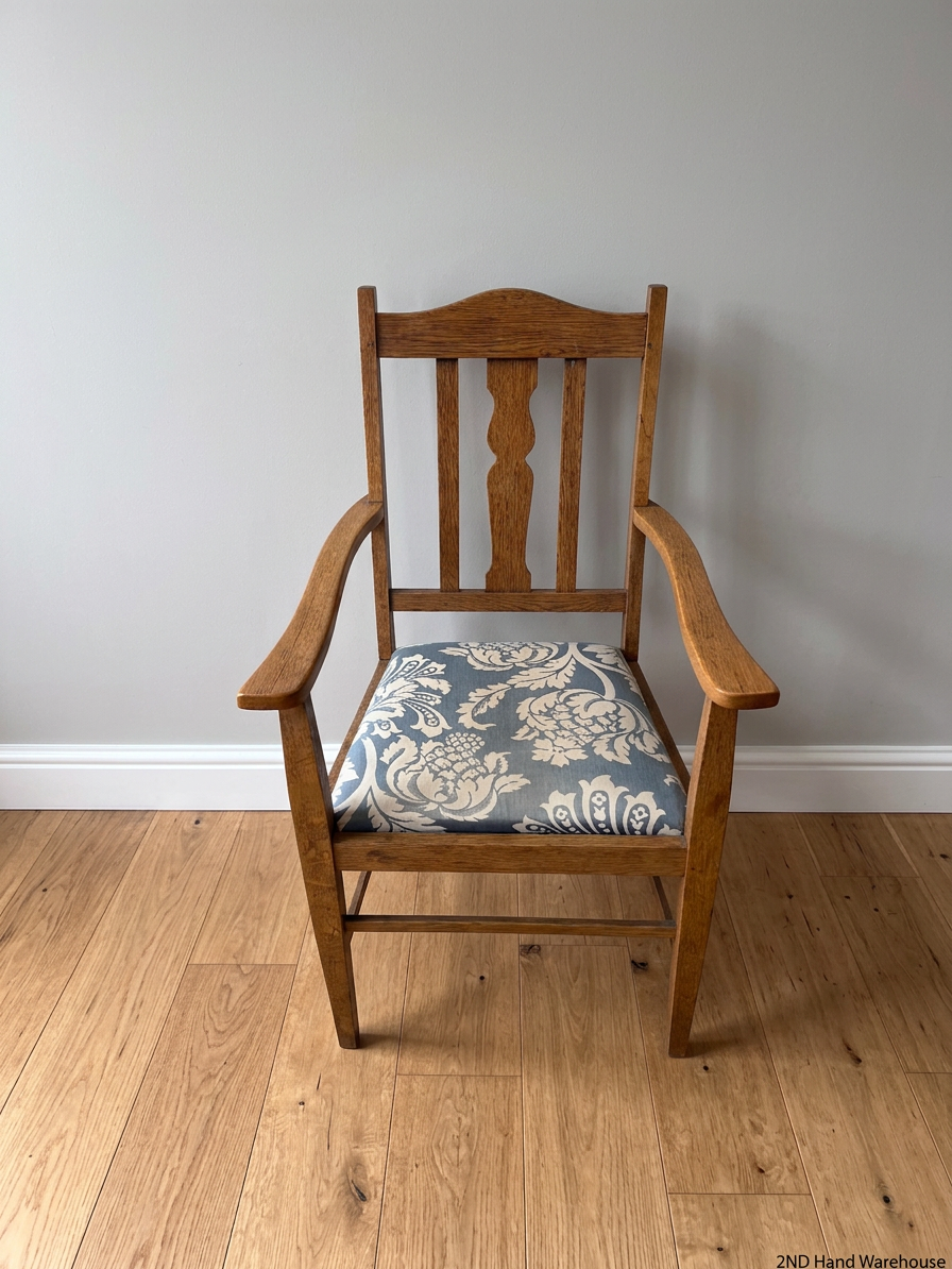 Vintage-Style Wooden Armchair with Patterned Seat – styled product image