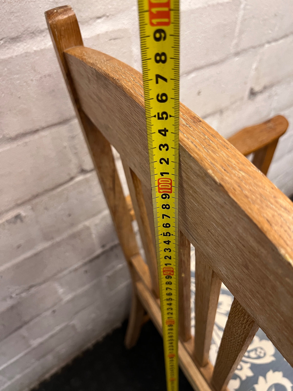 Vintage Wooden Armchair with Patterned Seat – height measurement