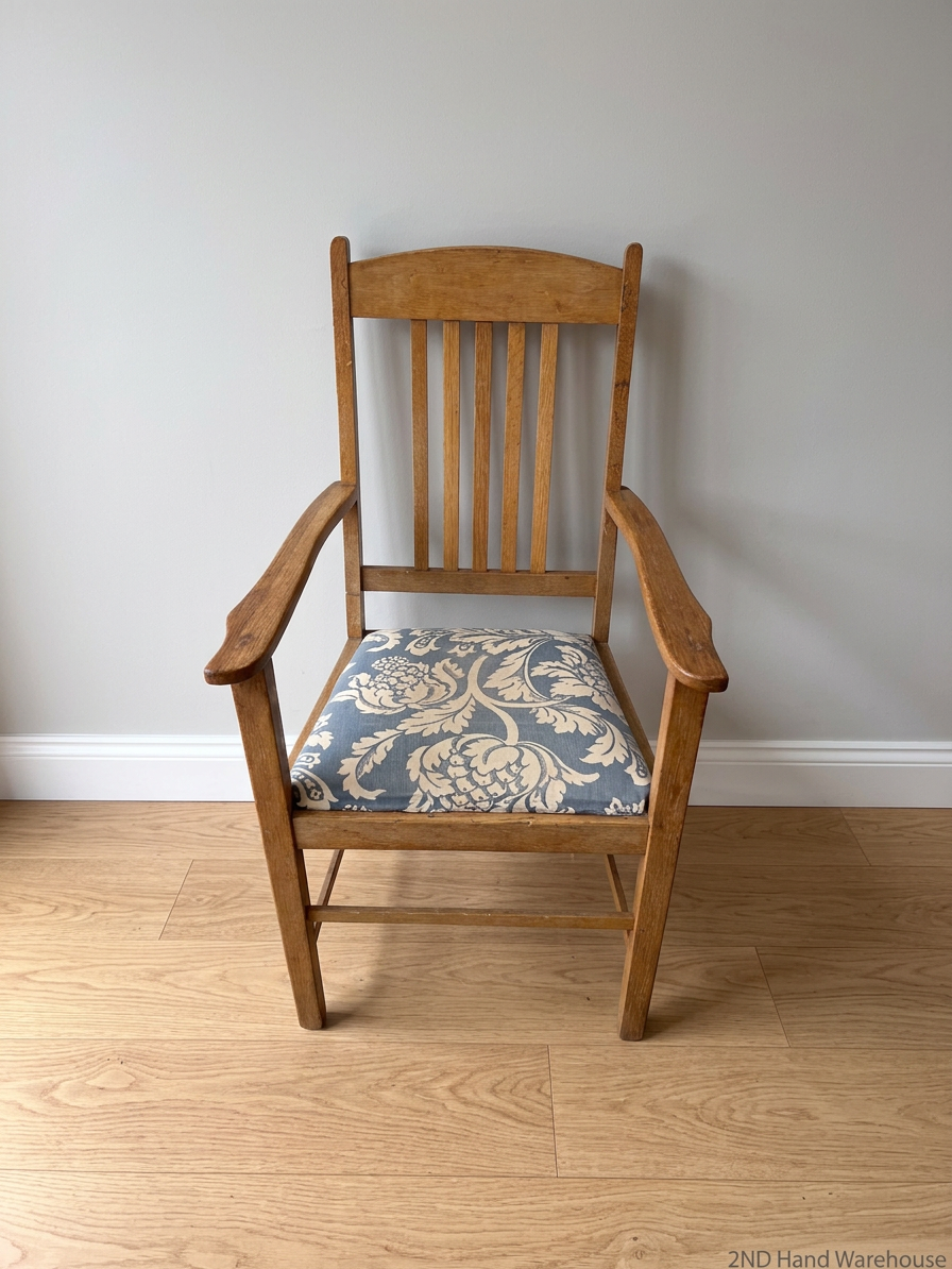 Vintage Wooden Armchair with Patterned Seat – styled product image