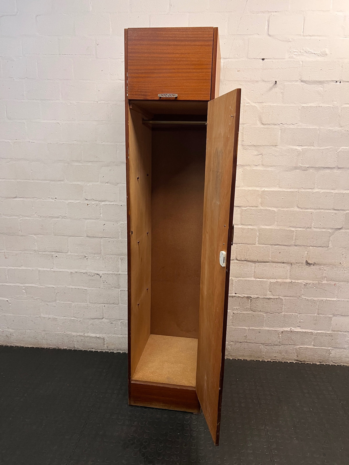 Tall Narrow Wooden Wardrobe with Top Locker – side view