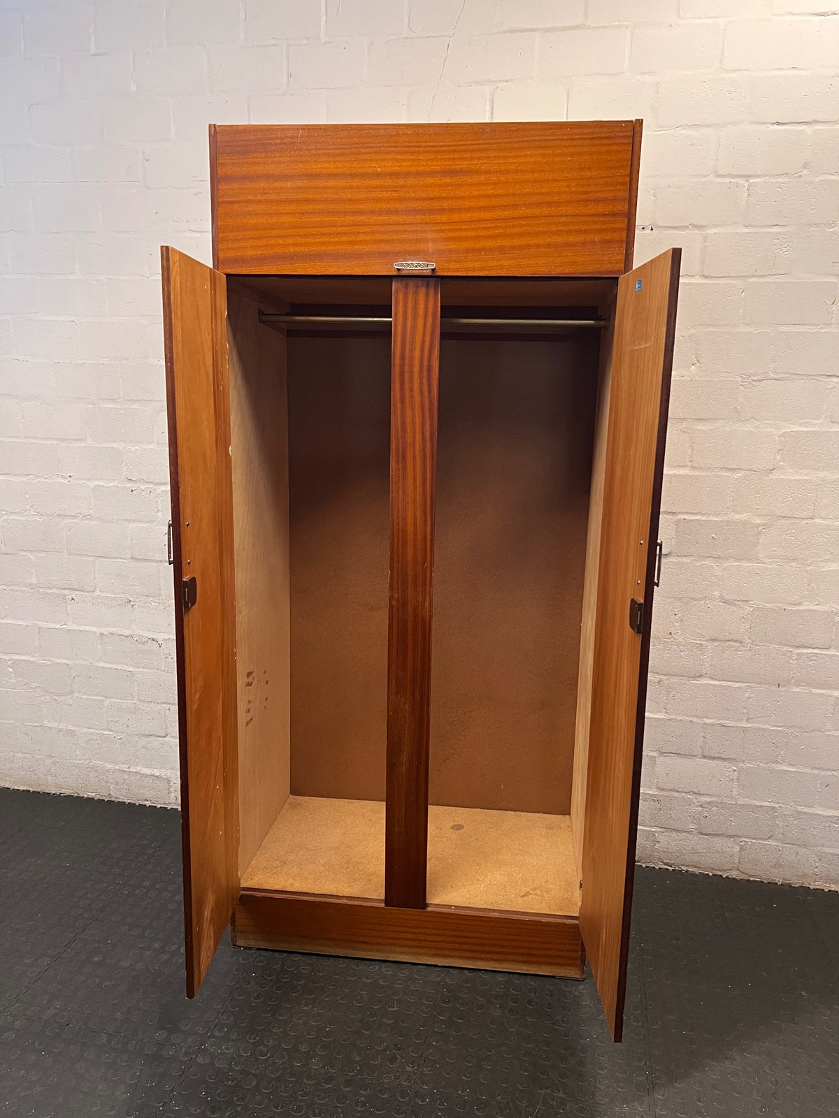 Mid-Century Wood Grain Two-Door Wardrobe with Top Box – side view