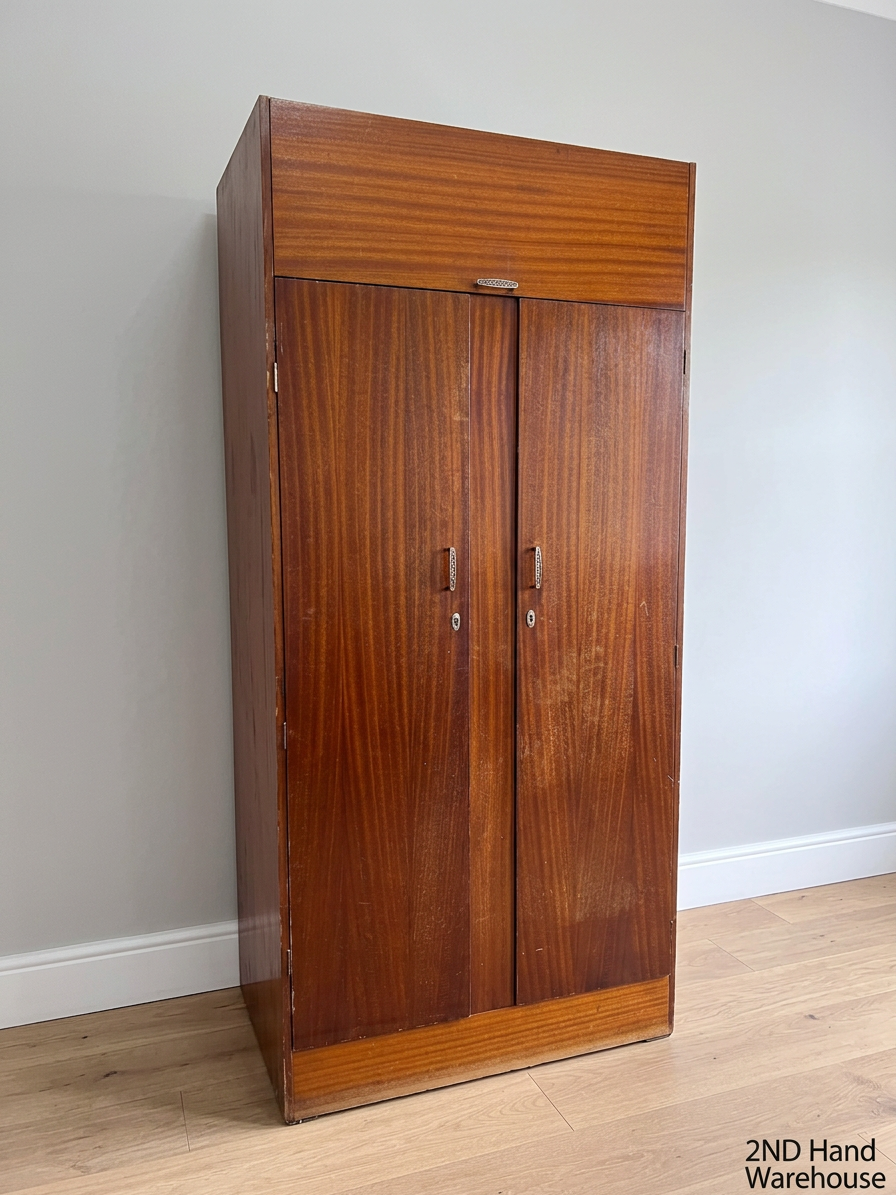 Mid-Century Wood Grain Two-Door Wardrobe with Top Box – styled product image