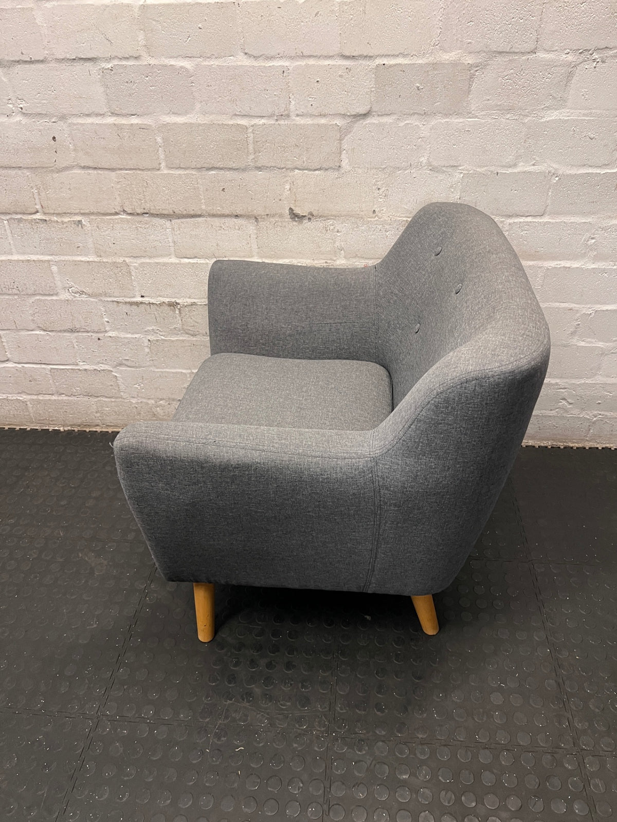 Dark Grey Fabric Armchair with Embossed Back and Wooden Legs – side view