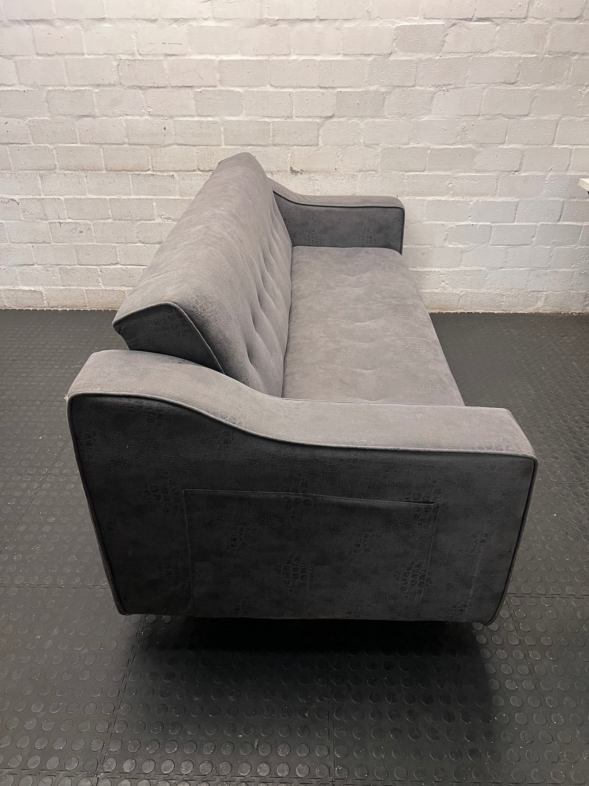 Textured Grey Sleeper Couch with Metallic Legs – back view