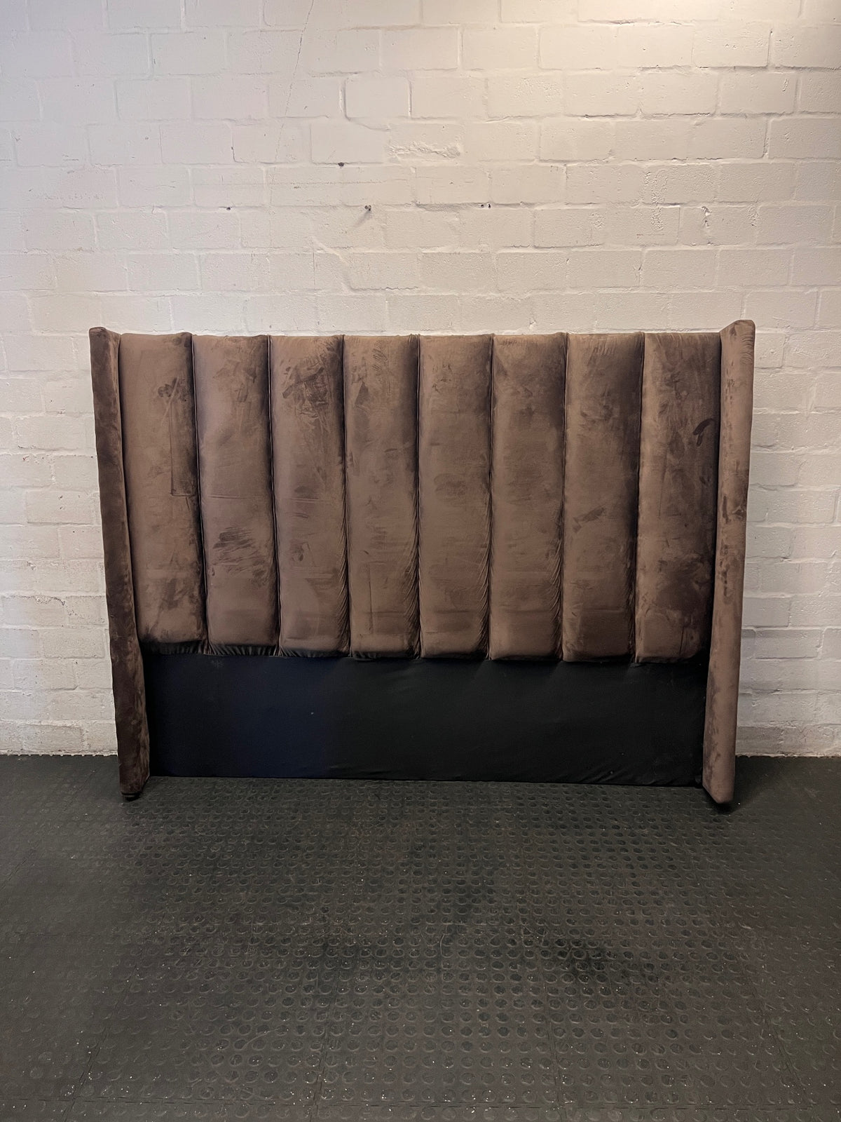 King Fluted Brown Velvet Winged Headboard – main front view