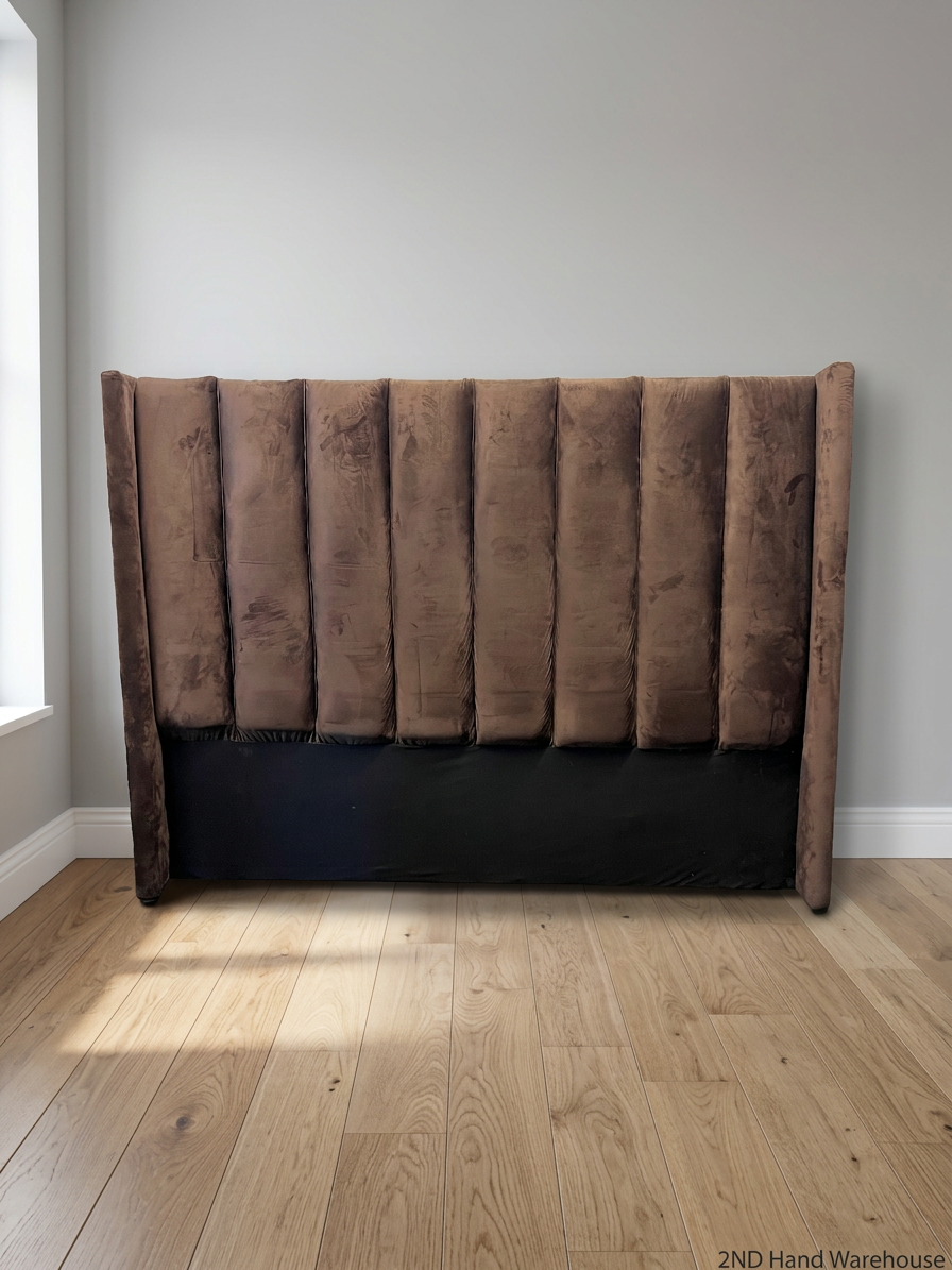 King Fluted Brown Velvet Winged Headboard – styled product image