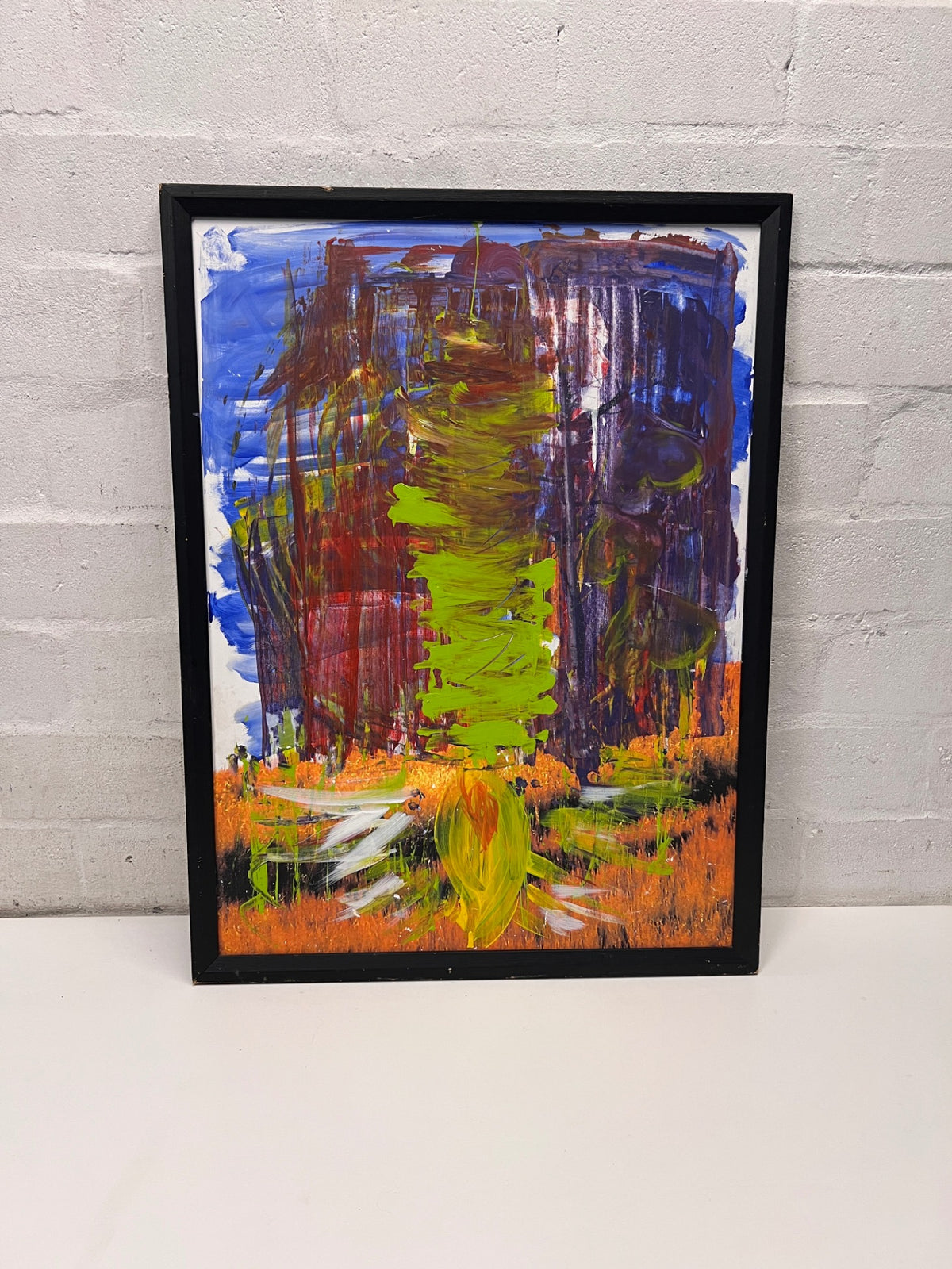 Framed Abstract Painting in Orange and Blue – main front view
