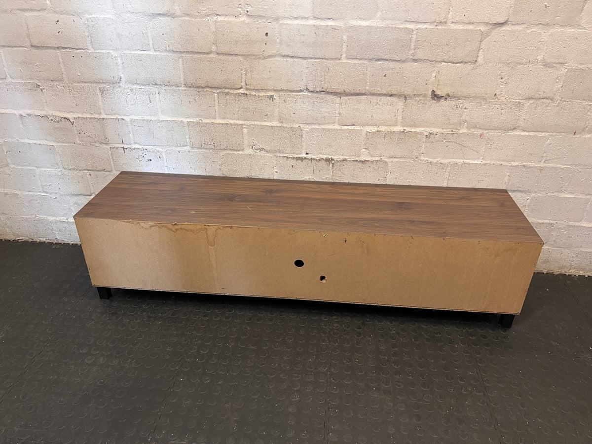 Wooden TV Unit with Black Doors and Open Shelving – back view