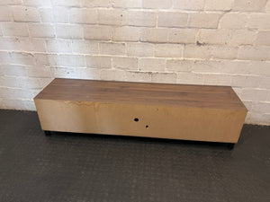 Wooden TV Unit with Black Doors and Open Shelving – back view