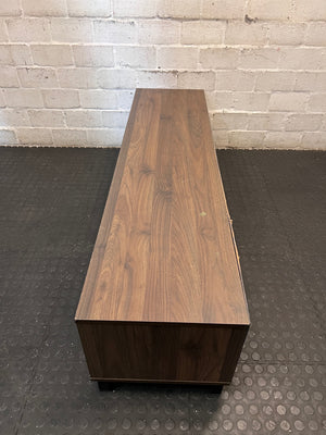 Wooden TV Unit with Black Doors and Open Shelving – condition detail
