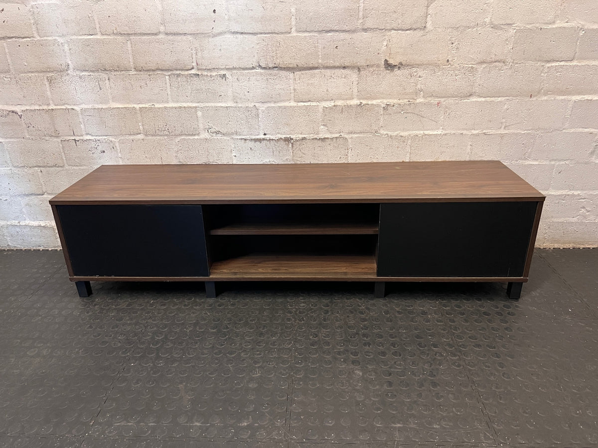 Wooden TV Unit with Black Doors and Open Shelving – main front view