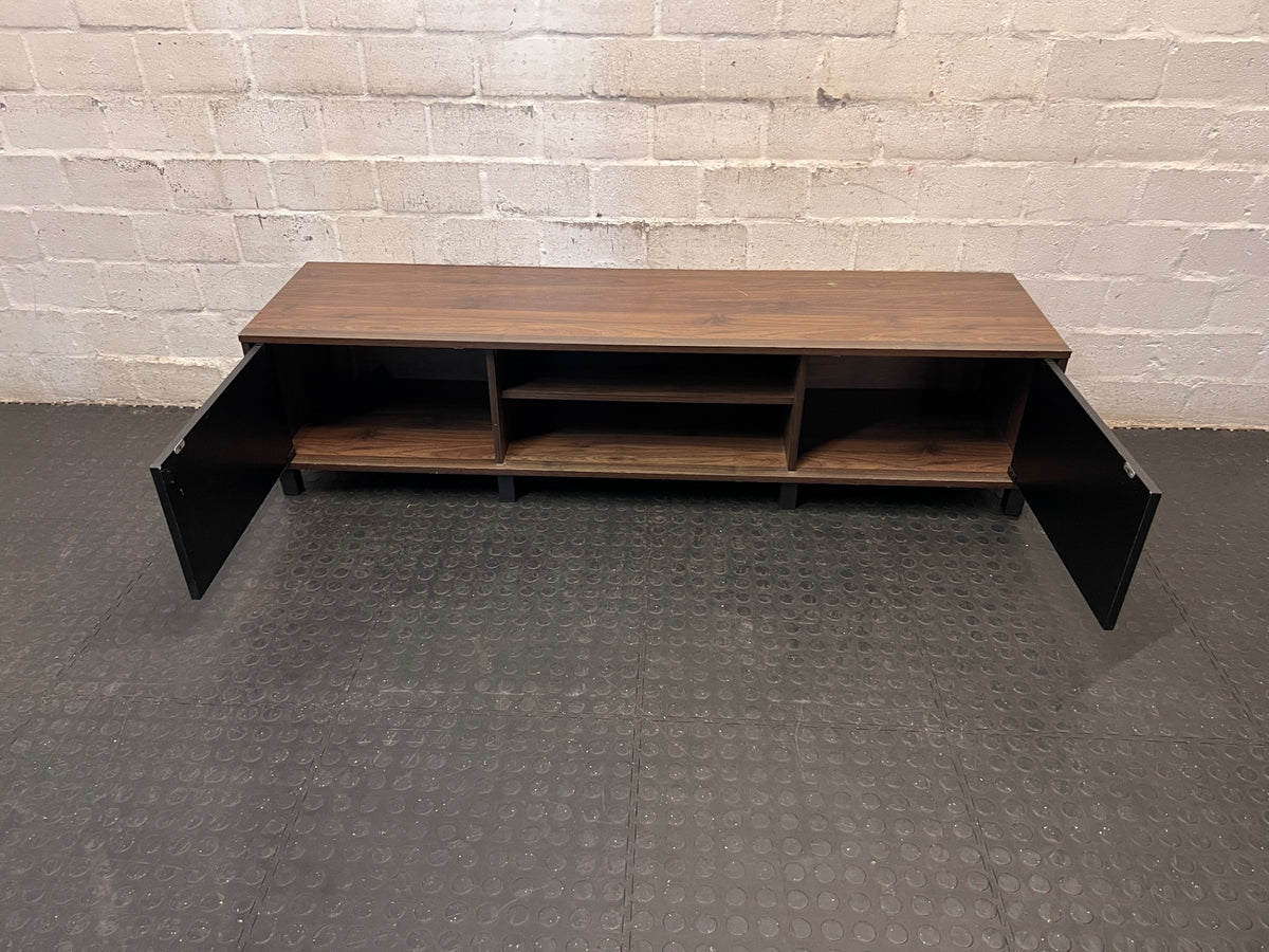 Wooden TV Unit with Black Doors and Open Shelving – side view