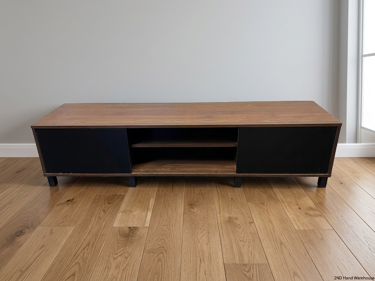 Wooden TV Unit with Black Doors and Open Shelving – styled product image