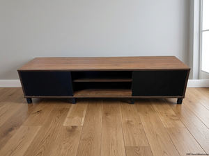 Wooden TV Unit with Black Doors and Open Shelving – styled product image
