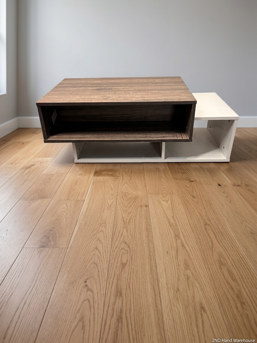Modern Two-Tone Coffee Table with Open Shelving – styled product image