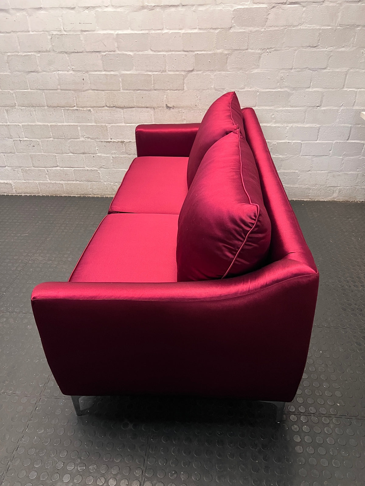 Modern Magenta Pink 3 Seater Couch with Metal Legs – side view