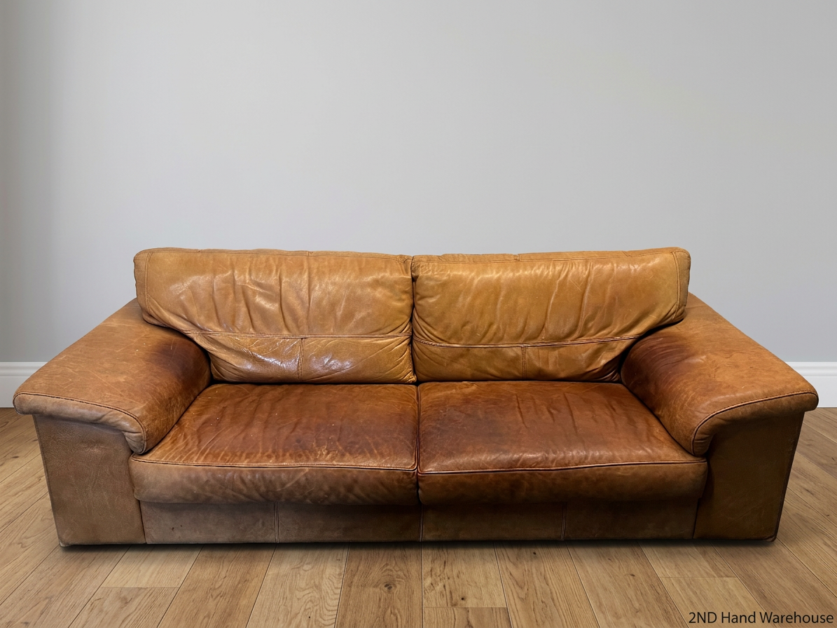 Brown Leather 3 Seater Couch with Rolled Arms – styled product image