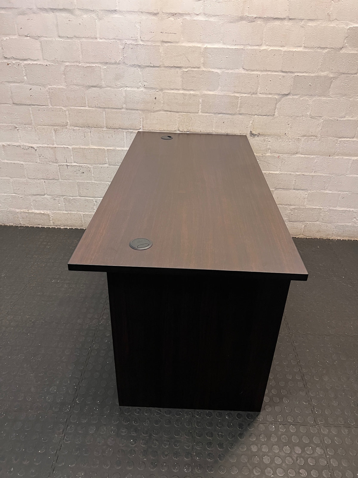 Dark Brown Office Desk with Cable Ports – side view