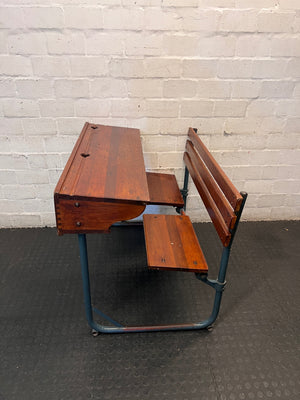 Vintage Style Wooden School Desk with Metal Frame – back view